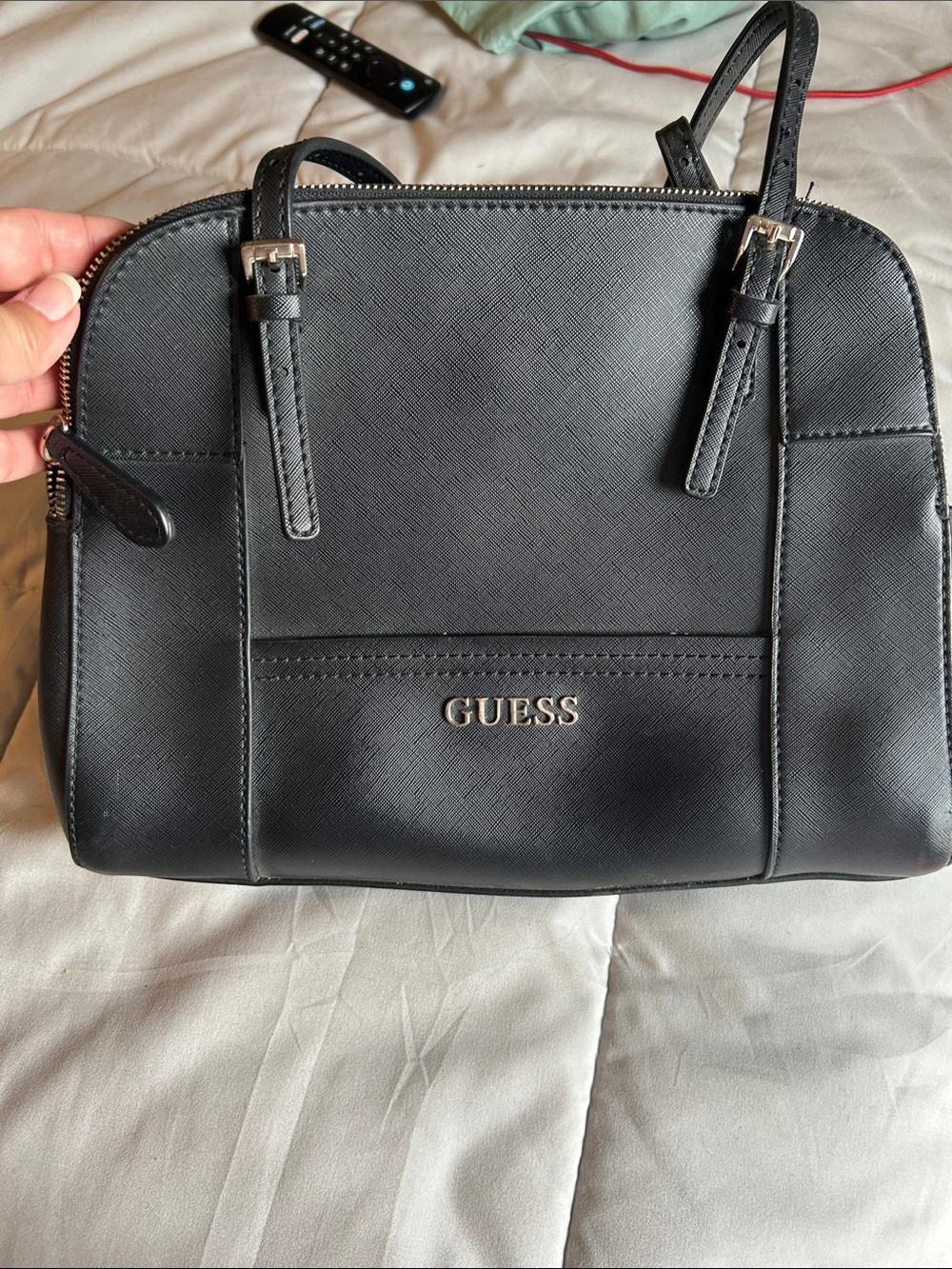 GUESS Black Saffiano Satchel with Gold Logo